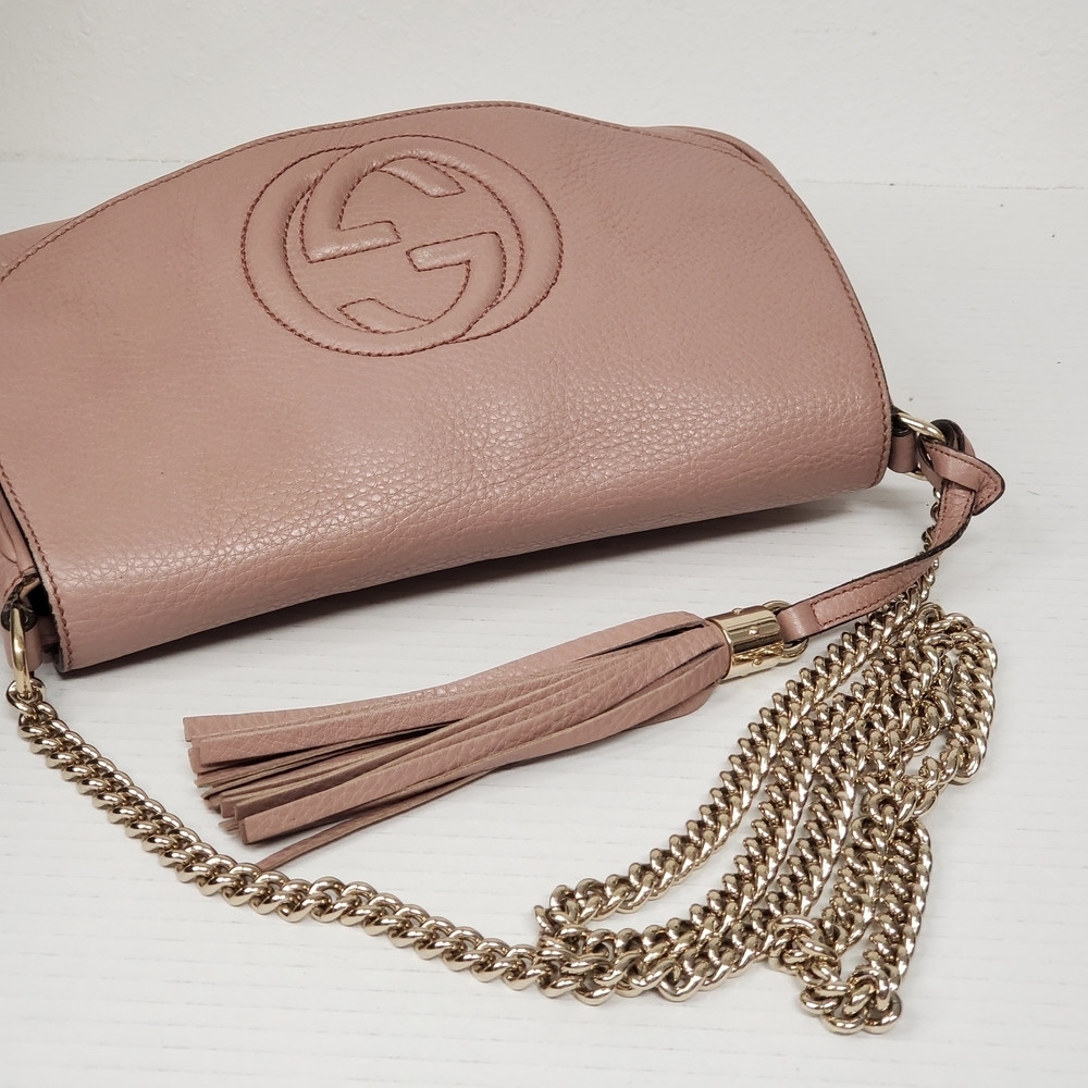 Authentic Gucci Soho Disco Pink Leather GG Tassel Chain Crossbody Bag Luxury - Picture 4 of 16
